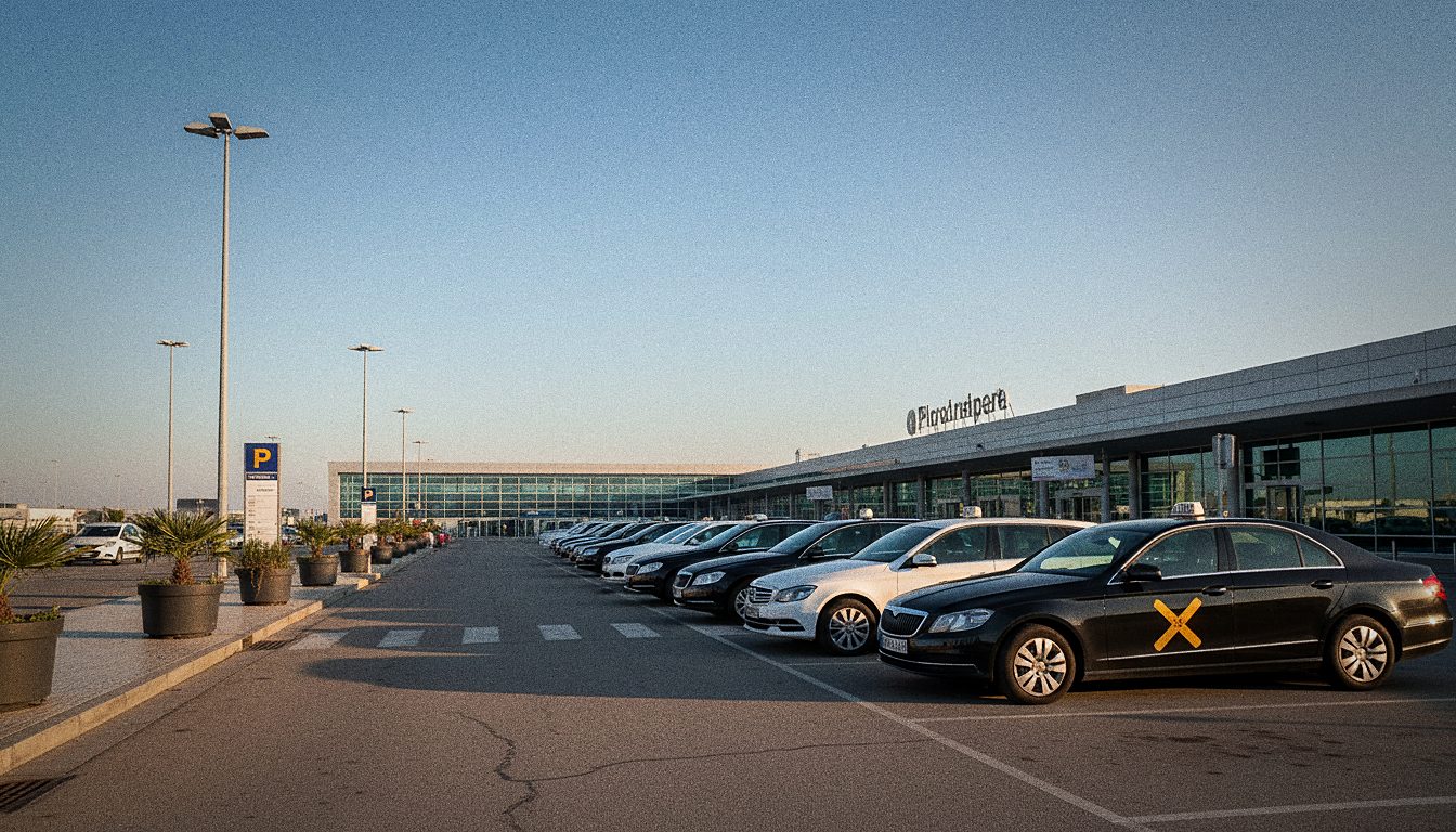 Taxistand vor der Ankunftshalle des Flughafens Porto