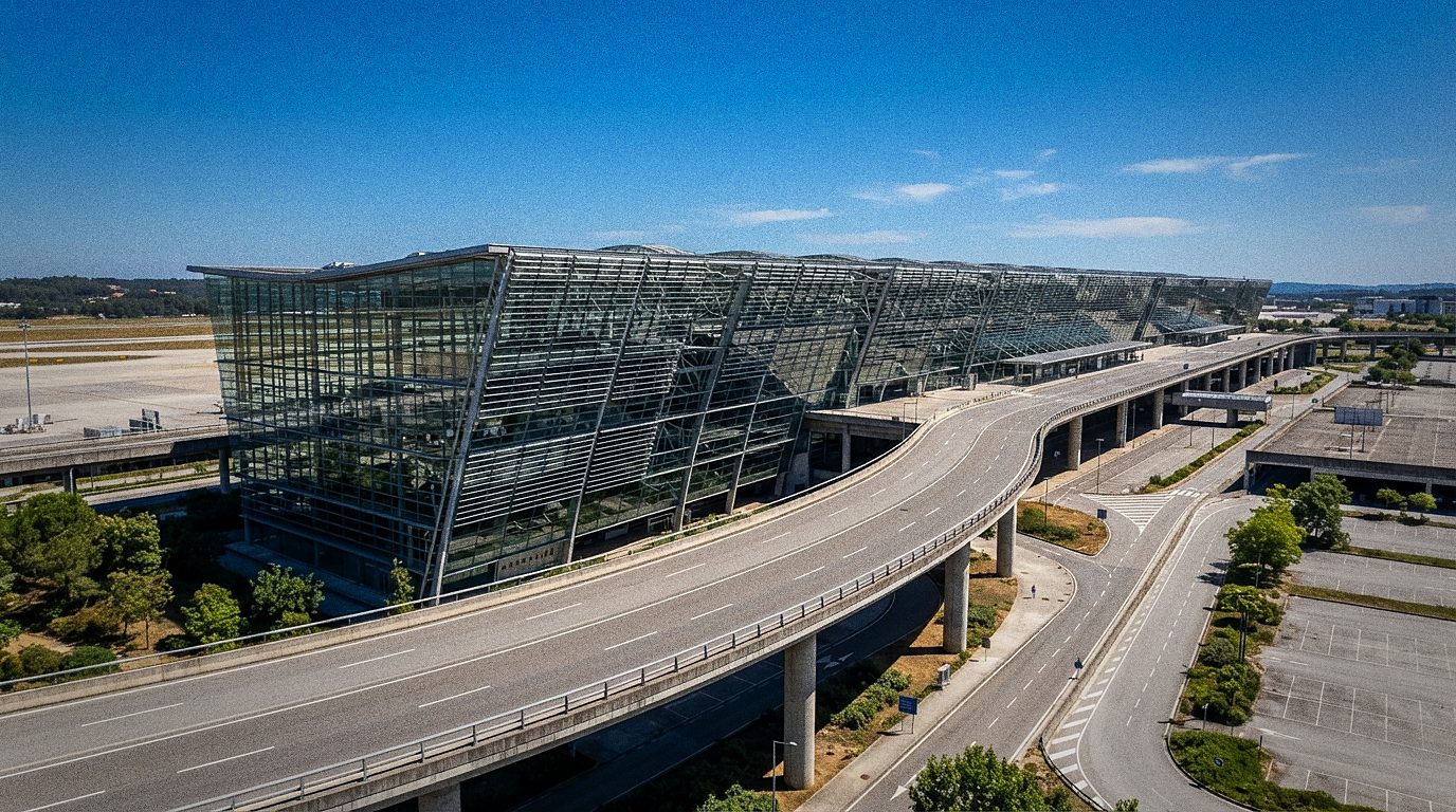 Glasfassade des Terminals am Flughafen Porto mit Hochstraße zur Abflugebene