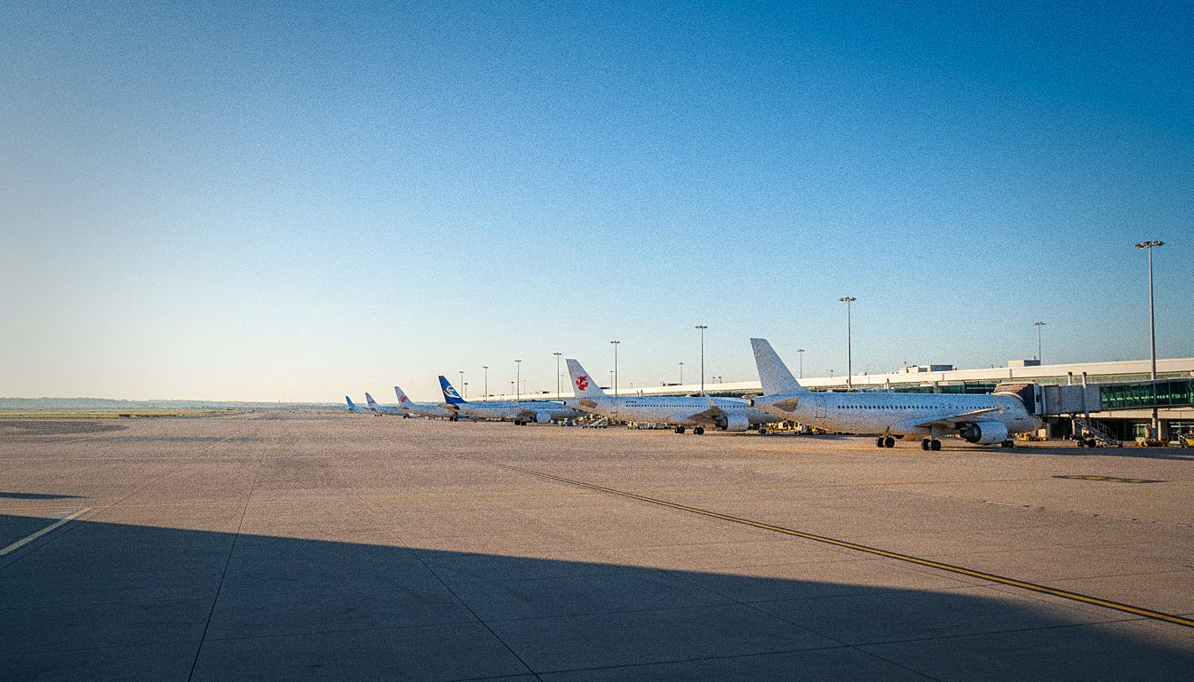 Vorfeld des Flughafens Porto mit Flugzeugen an den Fluggastbrücken